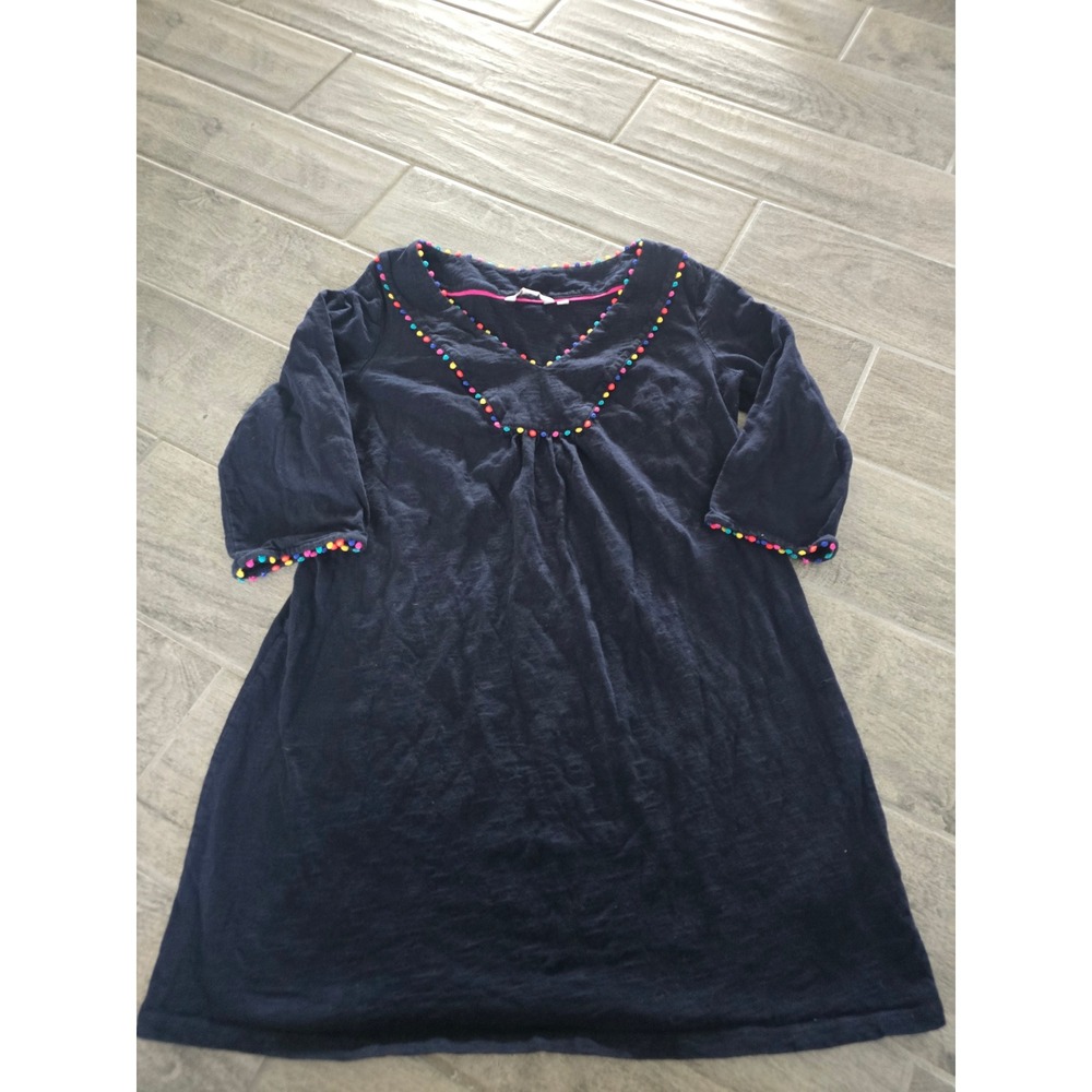 Boden Navy Blue Pom Pom Trim Cotton Slub Tunic Dress Shirt 10P Womens 3/4 Sleeve